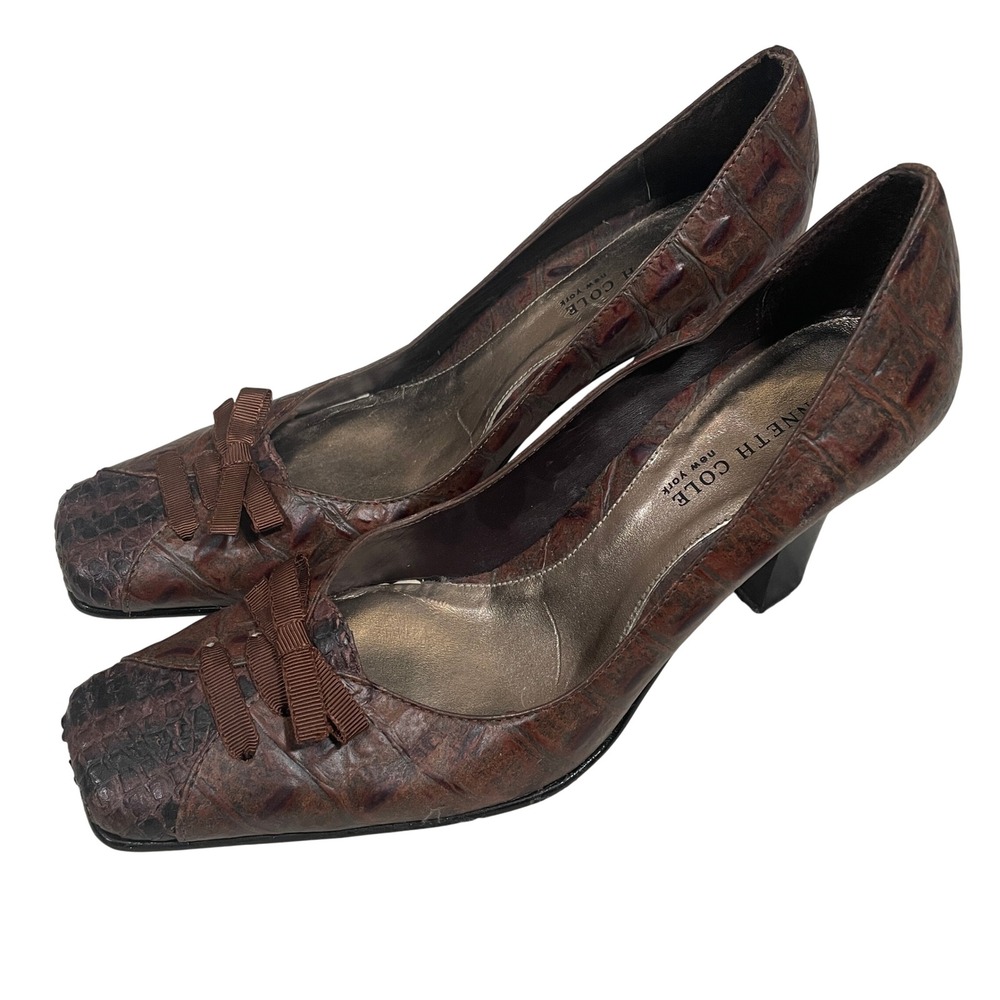 Kenneth Cole Vintage Y2K Pumps Croc N Roll Brown Leather Square Toe Bow Heels‎ 6